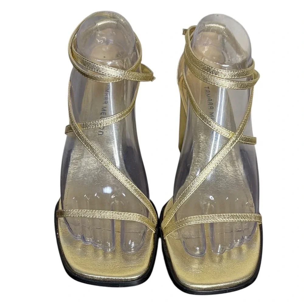 Tamara Mellon Gold Strappy Wedge Sandals Metallic Italian Women's Size 8.5